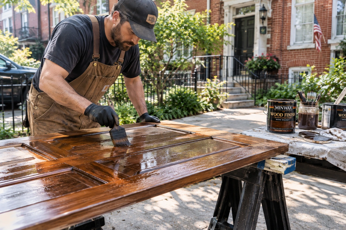 The Ultimate Guide to Door Refinishing in Washington DC, Virginia & Maryland 2 On-site door refinishing process for Washington DC homes