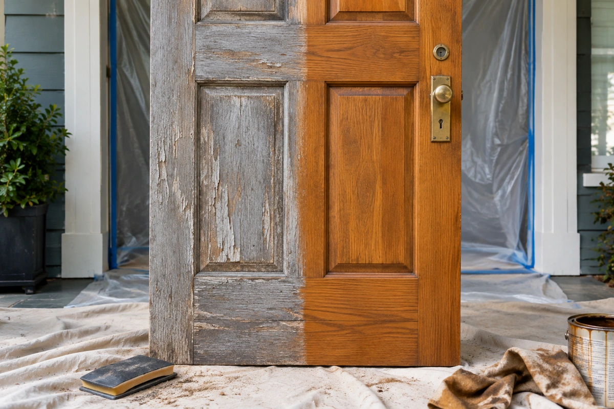 Door Refinishing Annapolis MD: Historic & Waterfront Wood Door Restoration 4 Exterior door staining Annapolis: weathered wood door half stripped and half restained during on-site refinishing