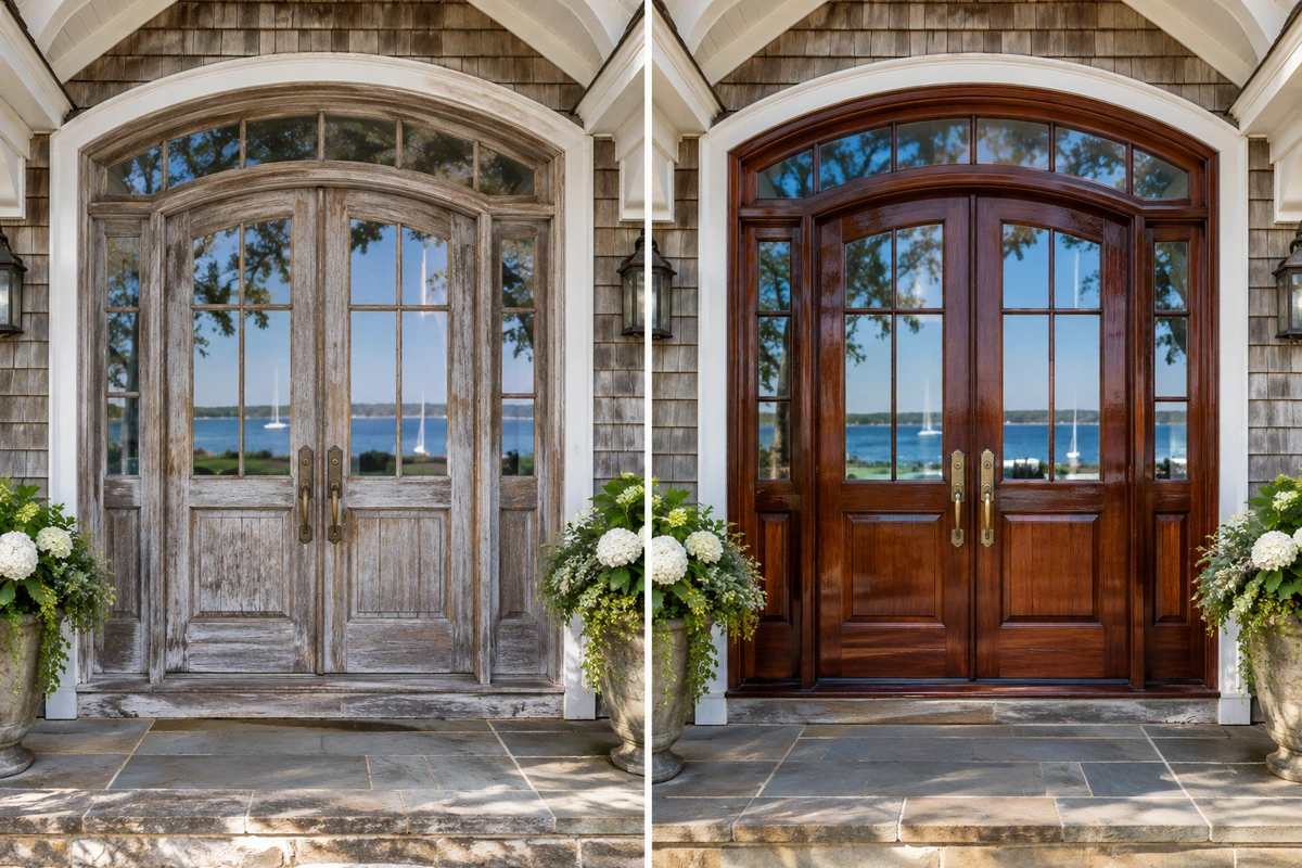 Door Refinishing Annapolis MD: Historic & Waterfront Wood Door Restoration 5 Front door refinishing Annapolis: before and after of a mahogany double door on an Annapolis Neck waterfront home