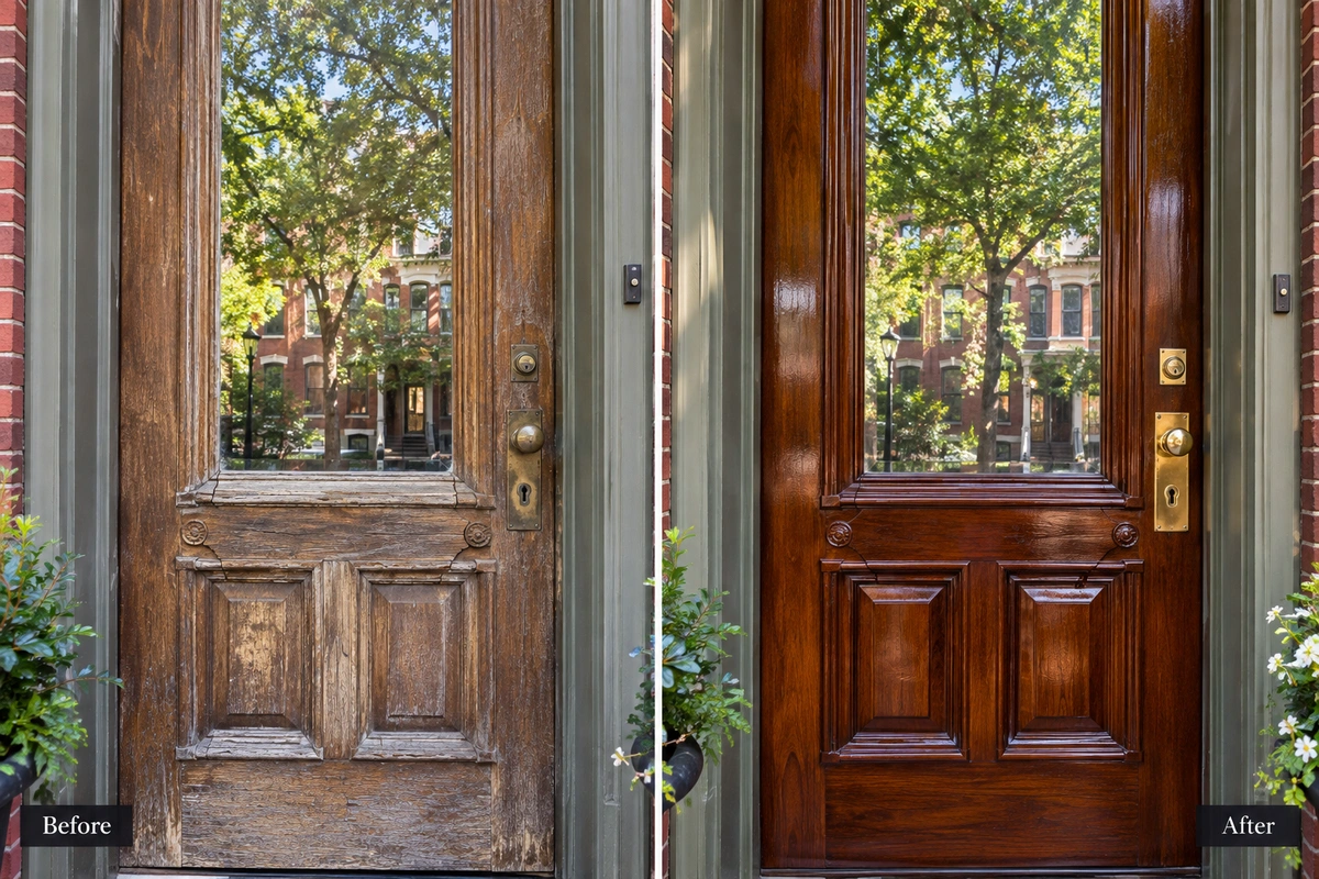 Door Refinishing Richmond, VA — Church Hill, The Fan District & Museum District 3 On-site door refinishing process for Richmond VA wood doors