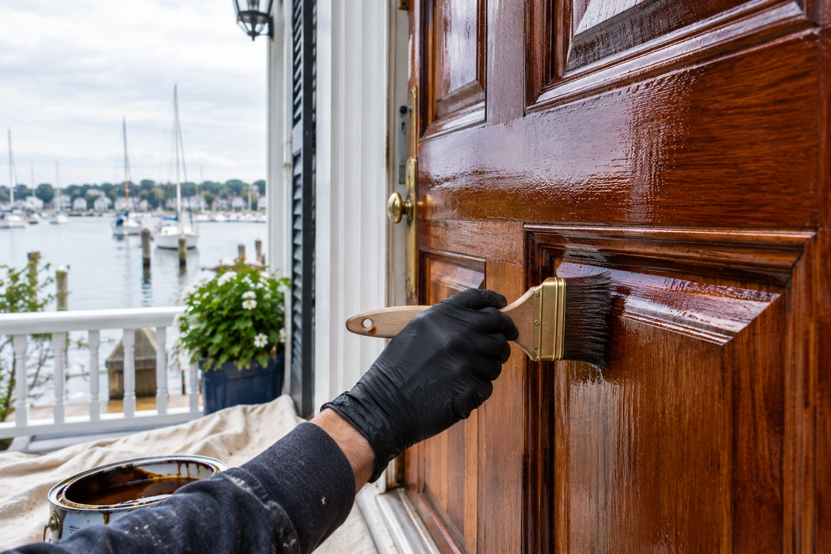 Door Refinishing Annapolis MD: Historic & Waterfront Wood Door Restoration 3 Wood door restoration Annapolis: marine-grade varnish applied to a mahogany door on an Eastport waterfront home